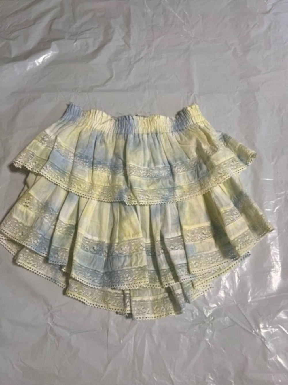 Love Shack Fancy SMALL Ruffle Mini Skirt Blue and Yellow Tie Dye Lace